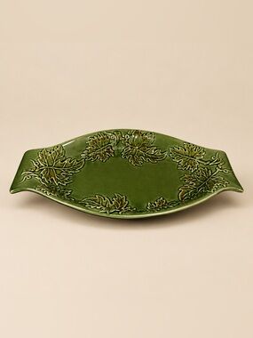 Embossed Green and Brown Ceramic Maple Leaf Trinket Dish or Platter